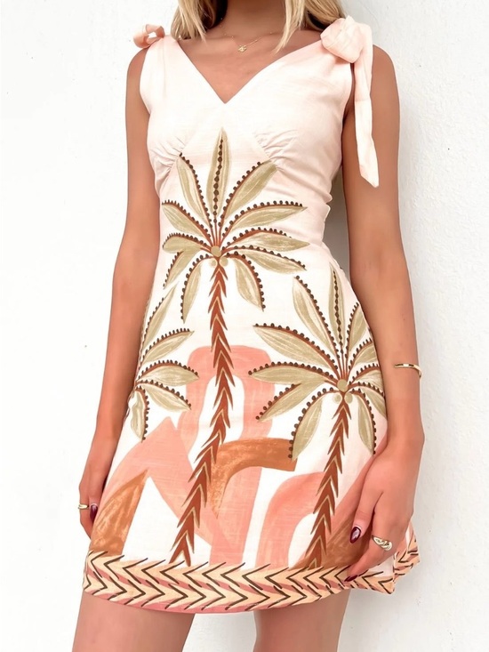 Petal & Pup Dresses & Skirts - Petal & Pup Peach Blush Palm-Print Tie-Shoulder Mini Dress Size Large